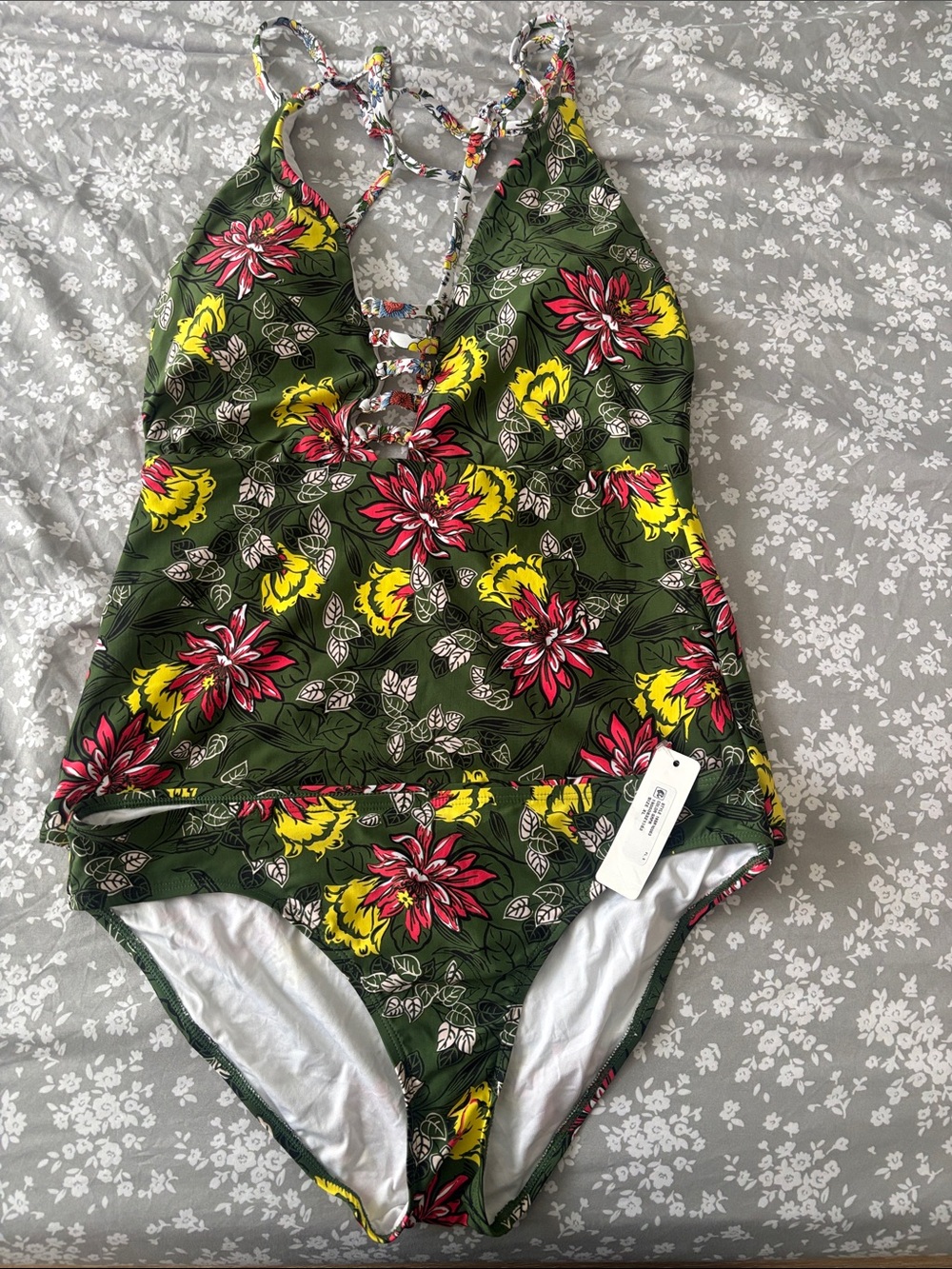 Anne Cole Olive Green Floral One-Piece Swimsuit with Pink & Yellow Flowers